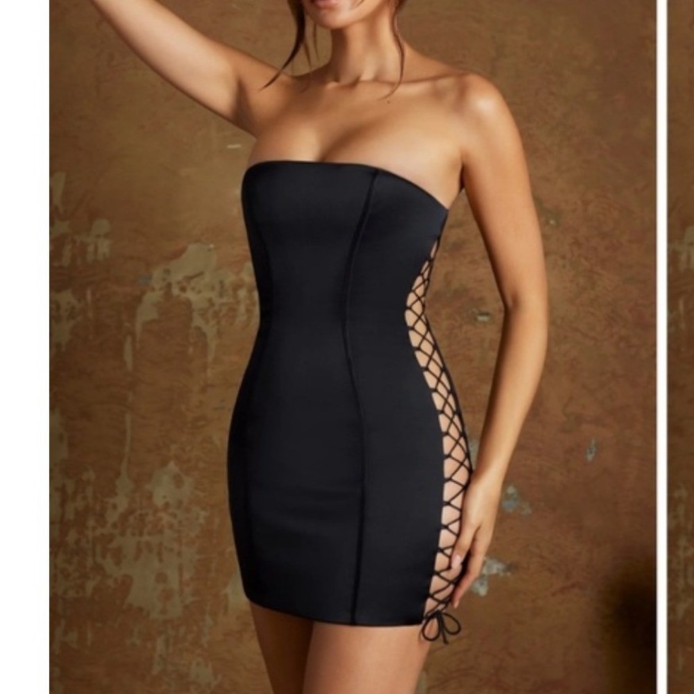 Oh Polly Kadriye Lace Up Side Bandeau Mini Dress Black US 6 NEW Going out
